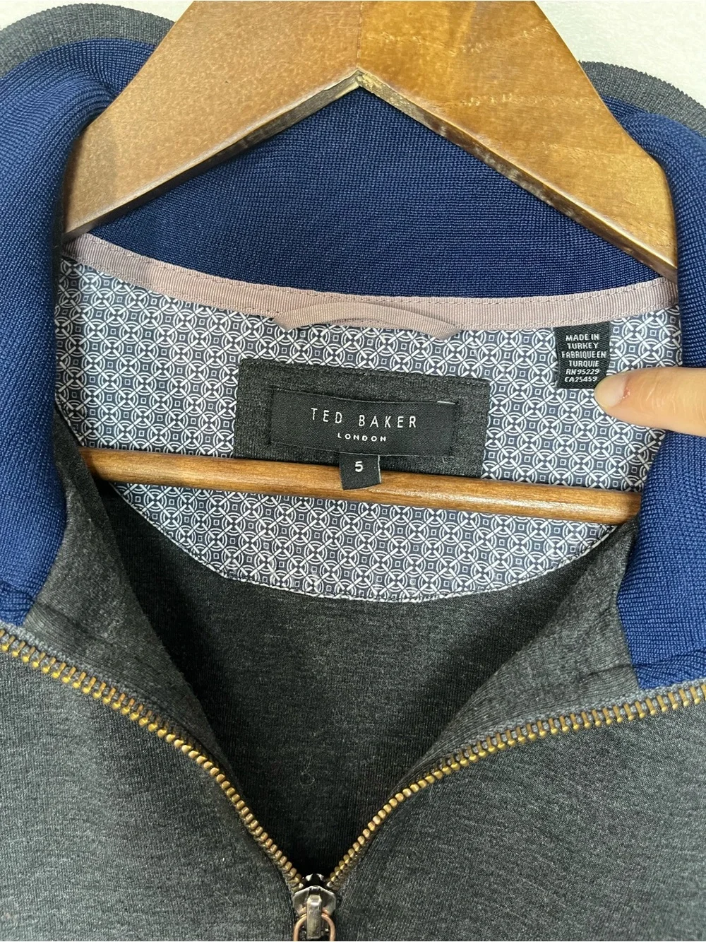 Ted Baker Charcoal Gray Quarter-Zip Sweater with Navy Collar